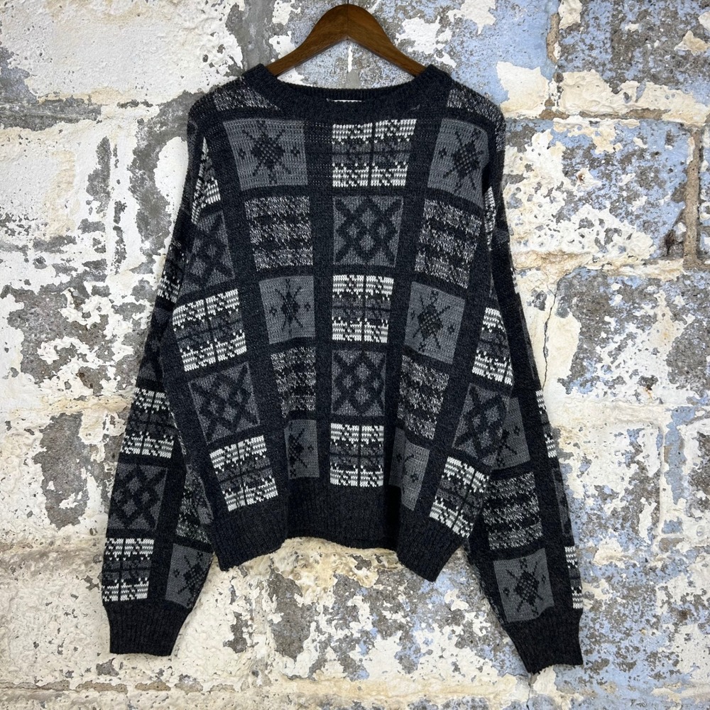 Vintage John Ashford Knit Sweater Mens Large Gray Black Made in Italy Wool Mix